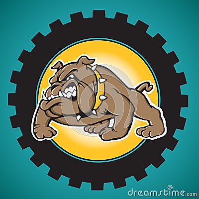 Brown Bulldog with Industrial Gear Background