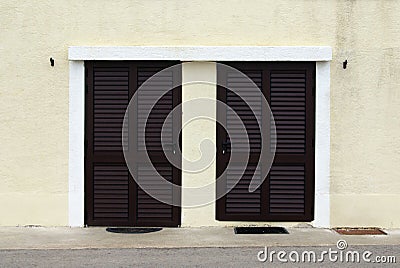 Brown door with shutters in front view