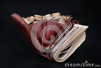Brown leather purse full of coins and bank-paper