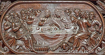 Bruges - The carved relief of the Last supper of Jesus in Karmelietenkerk (Carmelites church)