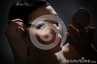 Travel Makeup Mirror on Brunette In Front Of Mirror Royalty Free Stock Photography   Image