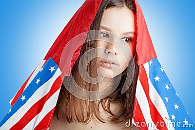 Brunette Girl in the American flag on shining back