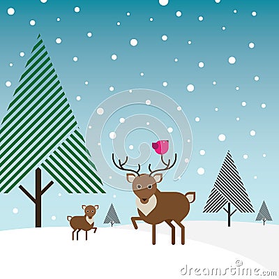 Buck, deer and bird in snow with pine trees