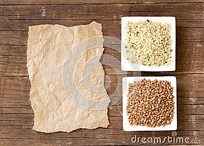Buckwheat, hemp seeds and paper