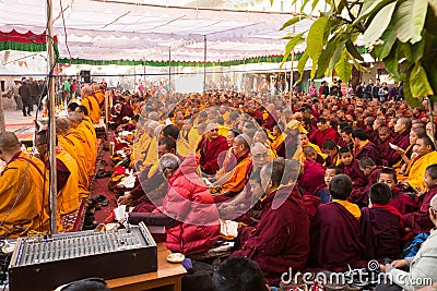 Buddhist monks near stupa Boudhanath during festive Puja of H.H. Drubwang Padma Norbu Rinpoche s reincarnation s