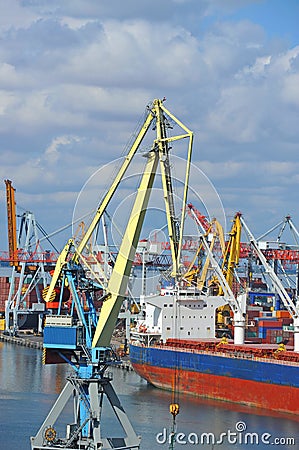 Bulk cargo ship under port crane