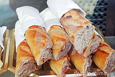 Bunch of fresh Baguettes on french market