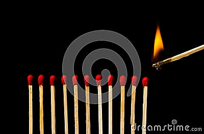 Burning match with row of matches isolated on black background