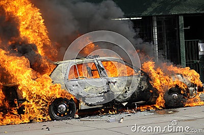 Burning police car.