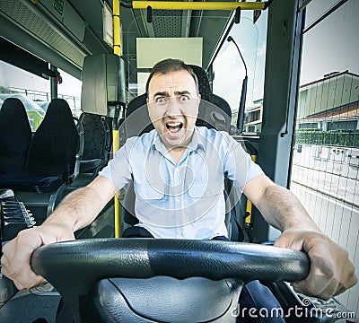Bus driver with scared face.