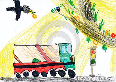 Bus driving on a road. child drawing
