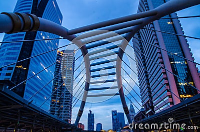 Business area, Night view of high buildings and public sky walk