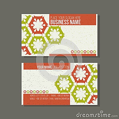 Business card template. Floral, green and orange colors
