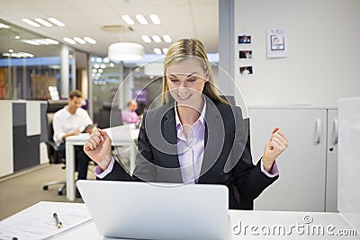 Business female happy desk laptop