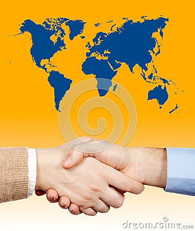 Business handshake under the world