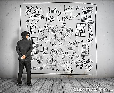 Business man look at business concept chart on wall