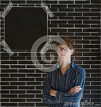 Business man, student or teacher arms folded brick wall notice board blackboard background