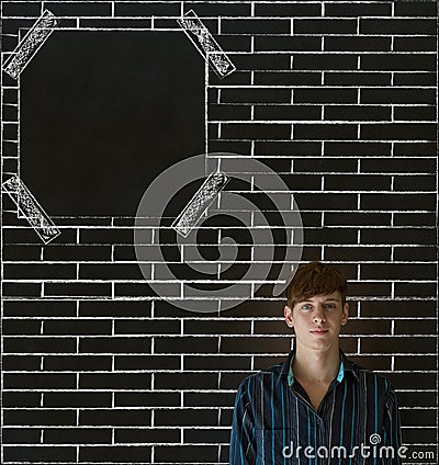 Business man, student or teacher on brick wall notice board blackboard background