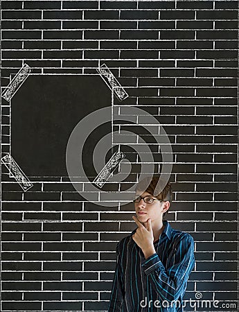 Business man, student or teacher hand on chin on brick wall notice board blackboard background