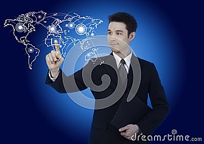 Business man with world map graph