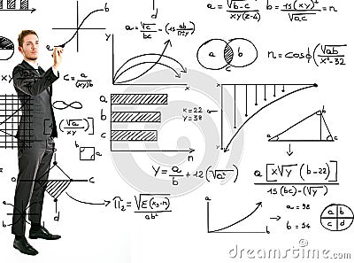 Business man writing math and graphs