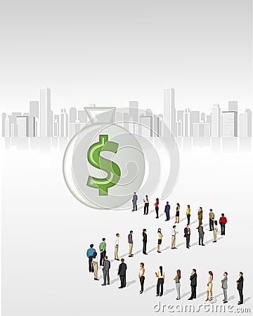 Business people standing in a line to reach a money bag