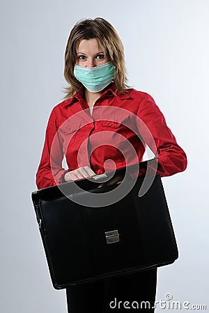 Business woman with briefcase and mask protection