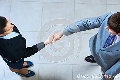 Business woman and businessman shaking hands