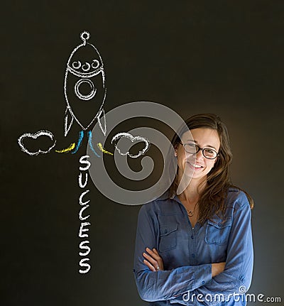 Business woman and chalk success rocket