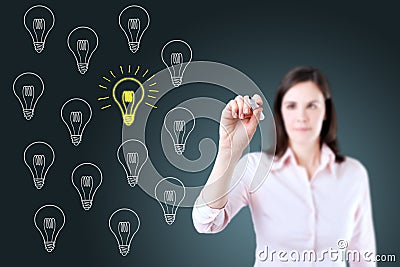 Business woman drawing a great idea concept. Blue background.