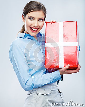 Business woman hold gift box in christmas color st