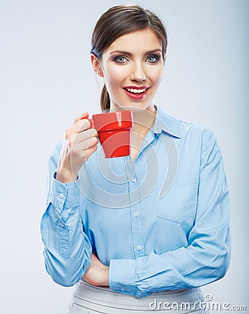 Business woman portrait hold red coffee cup.