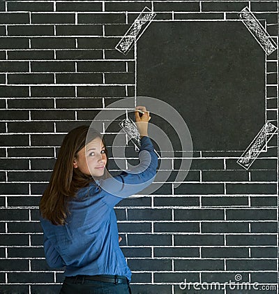 Business woman, student or teacher on brick wall notice board