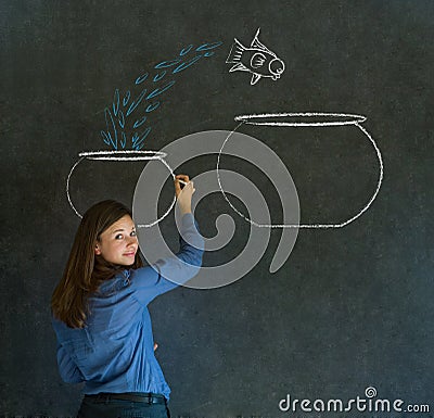 Woman with jumping fish small to big bowl drawing on blackboard