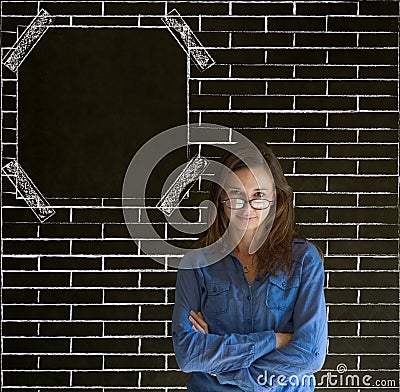 Business woman, student or teacher glasses on nose with glasses on brick wall notice board