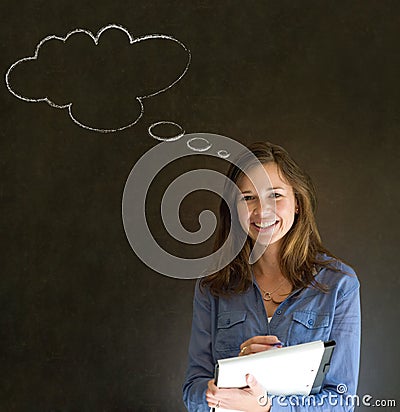 Woman with thought thinking chalk cloud writing on note pad