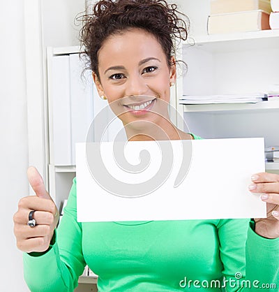 Business woman thumbs up with signboard