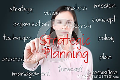 Business woman writing strategic planning concept.