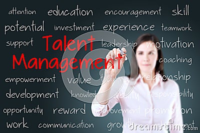 Business woman writing talent management concept. Blue background.