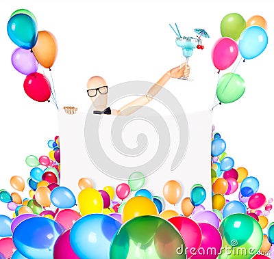 Businessman with banner, balloons and cocktail