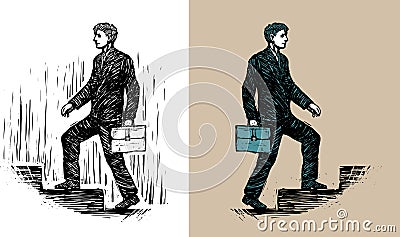 Businessman with briefcase walking upstairs