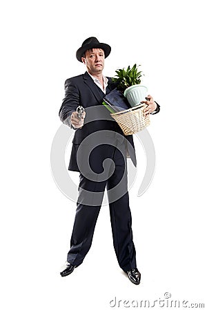 Businessman with gun hold personal belongings