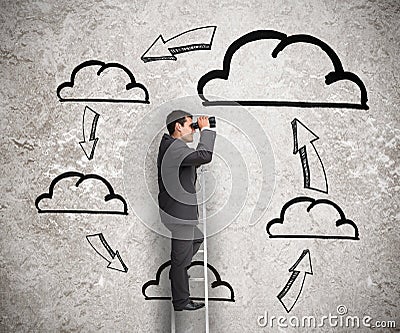 Businessman on a ladder with a process drawn behind