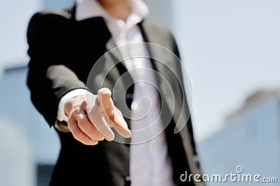 Businessman man pushing virtual screen - technology, communication and networking concept