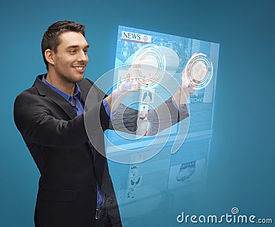 Businessman pressing buttons on virtual screen