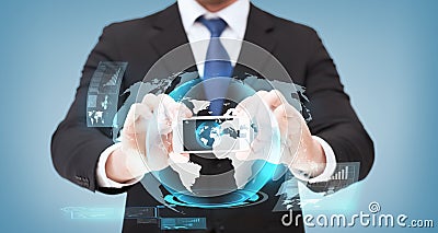 Businessman showing smartphone with globe hologram