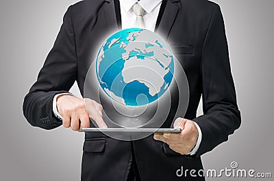 Businessman standing posture hand hold globe map on tablet