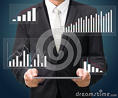 Businessman standing posture hand hold graph on tablet isolated