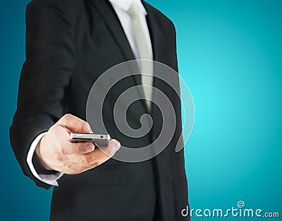 Businessman standing posture hand hold phone isolated