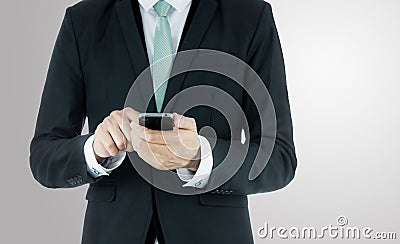 Businessman standing posture hand hold phone isolated